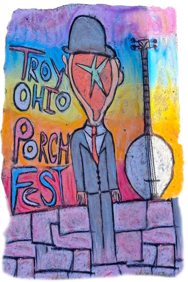 interpretive Chalk art showcasing a man with a strawberry for a head and a banjo to his right with the text  Troy Ohio Porch Fest on the left